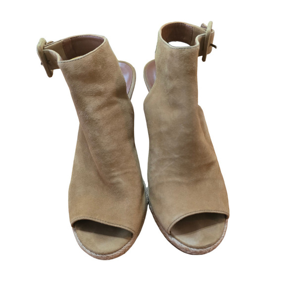 Tory Burch Tan Suede Leather Open Peep Toe Wood Wedge Slingback Heels 8.5 - Picture 3 of 7